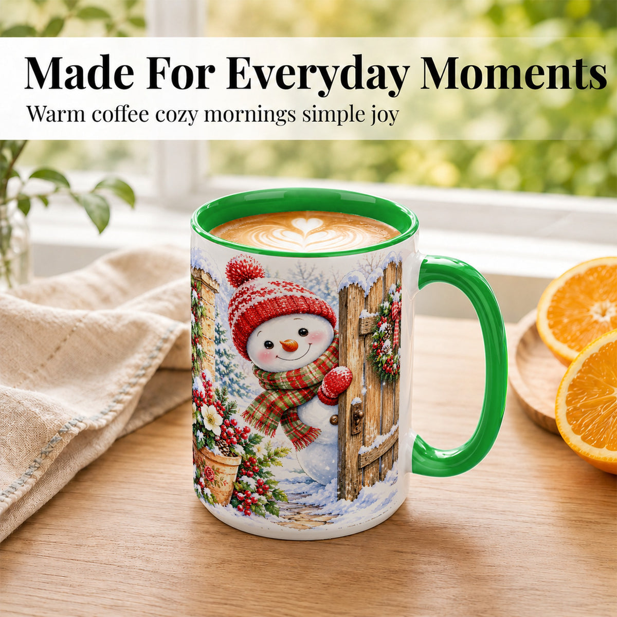 #pl[15oz|Green] Snowman Christmas Coffee Mug, Winter Garden Mug, Ceramic Cup
