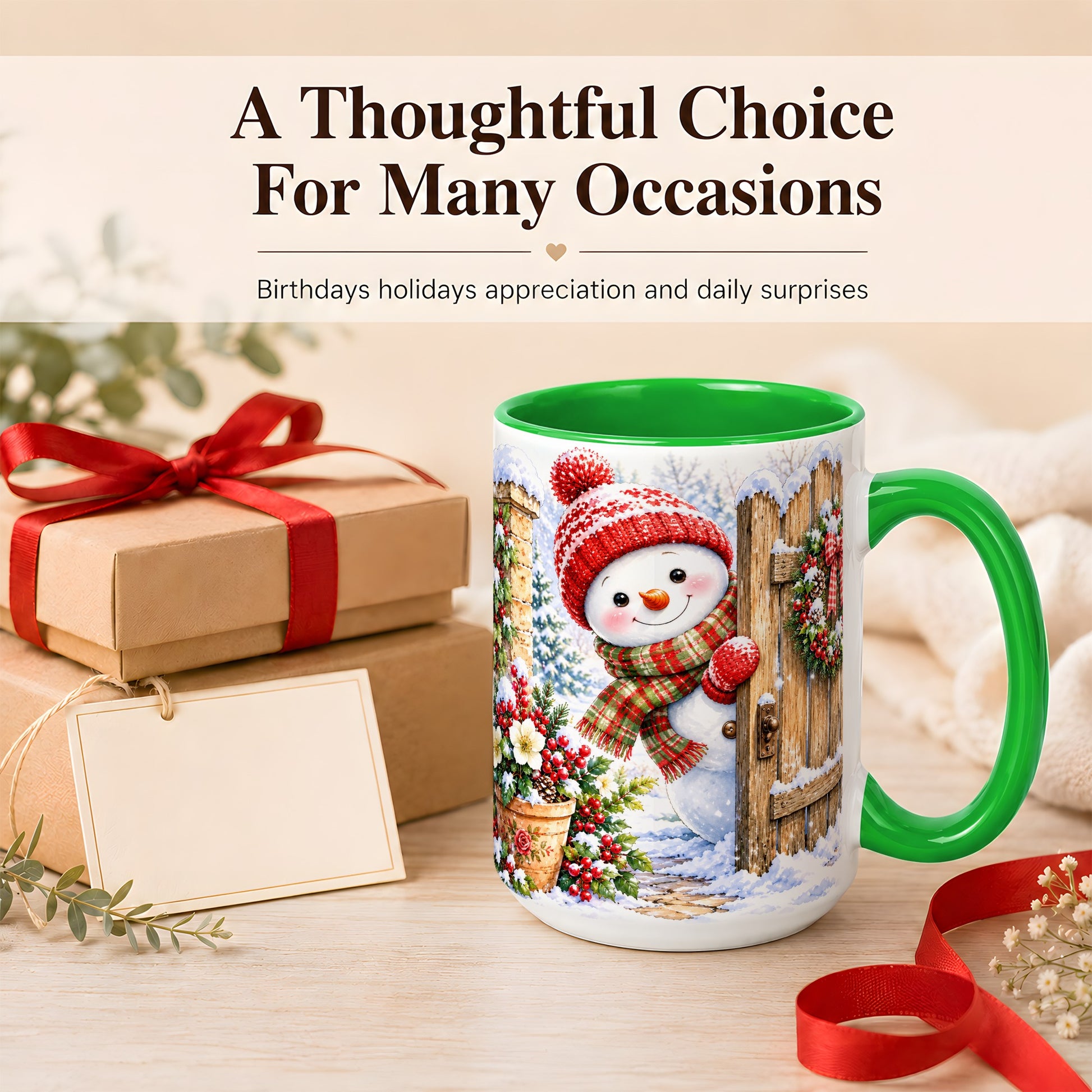 #pl[15oz|Green] Snowman Christmas Coffee Mug, Winter Garden Mug, Ceramic Cup