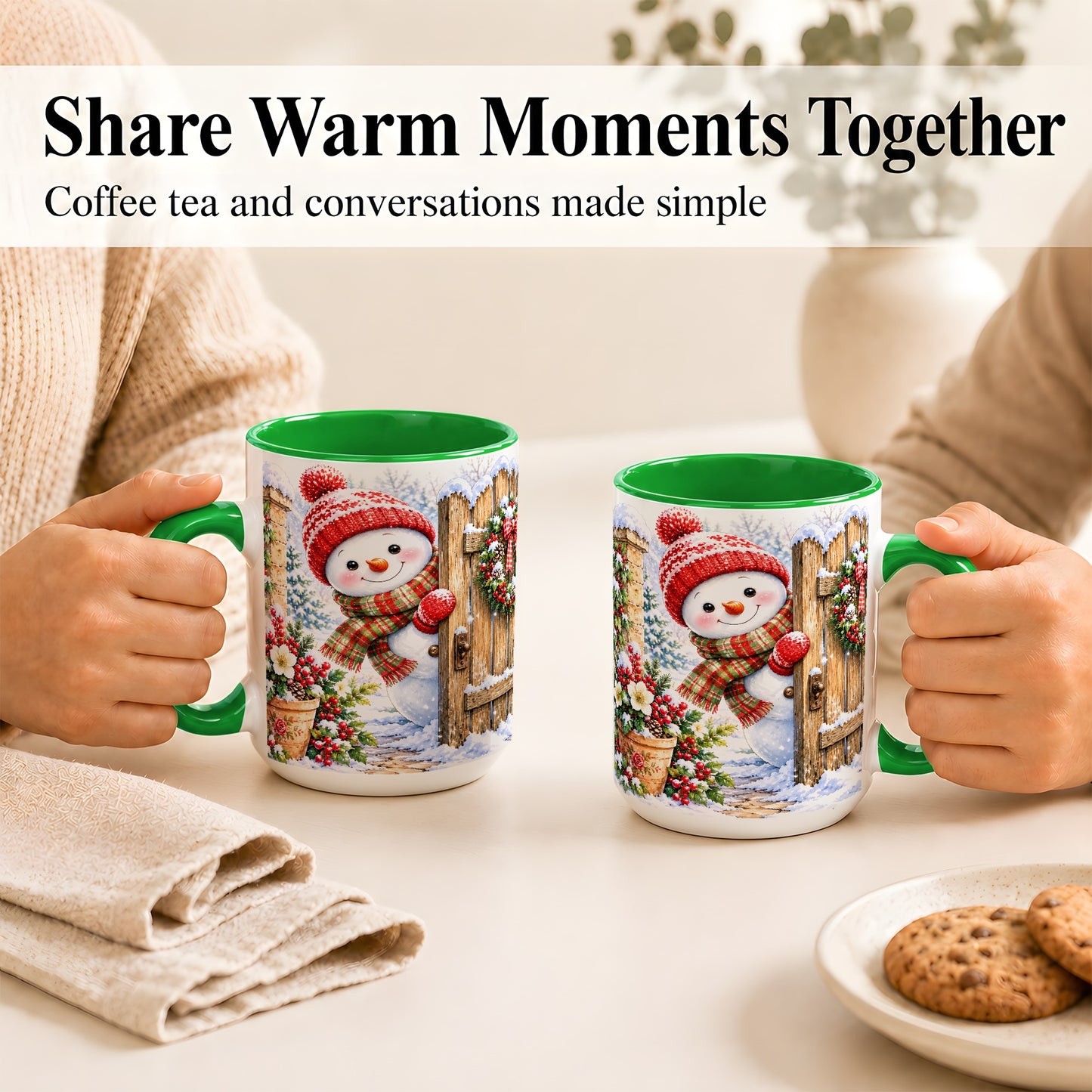 #pl[15oz|Green] Snowman Christmas Coffee Mug, Winter Garden Mug, Ceramic Cup