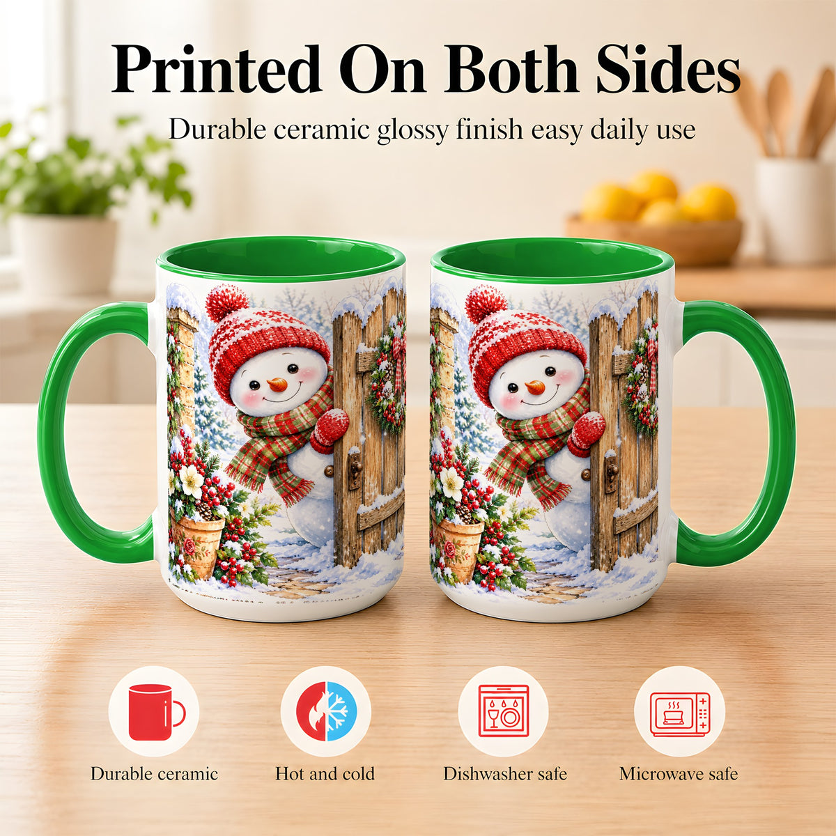 #pl[15oz|Green] Snowman Christmas Coffee Mug, Winter Garden Mug, Ceramic Cup