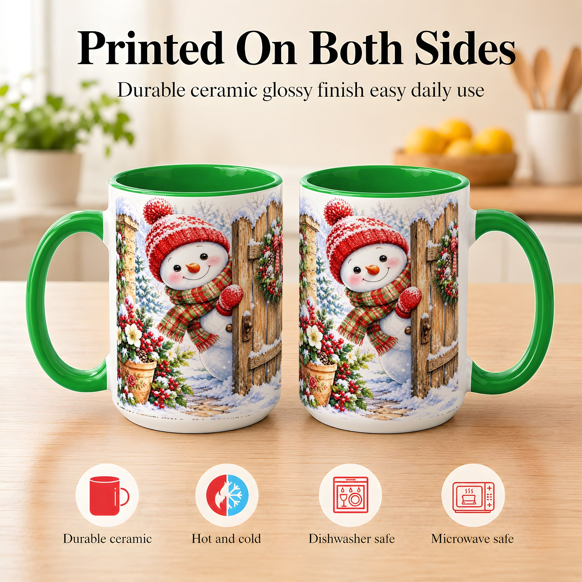 #pl[15oz|Green] Snowman Christmas Coffee Mug, Winter Garden Mug, Ceramic Cup