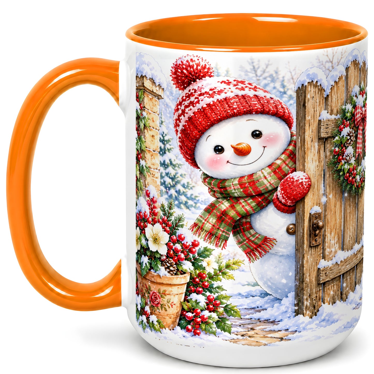 #pl[15oz|Orange] Snowman Christmas Coffee Mug, Winter Garden Mug, Ceramic Cup