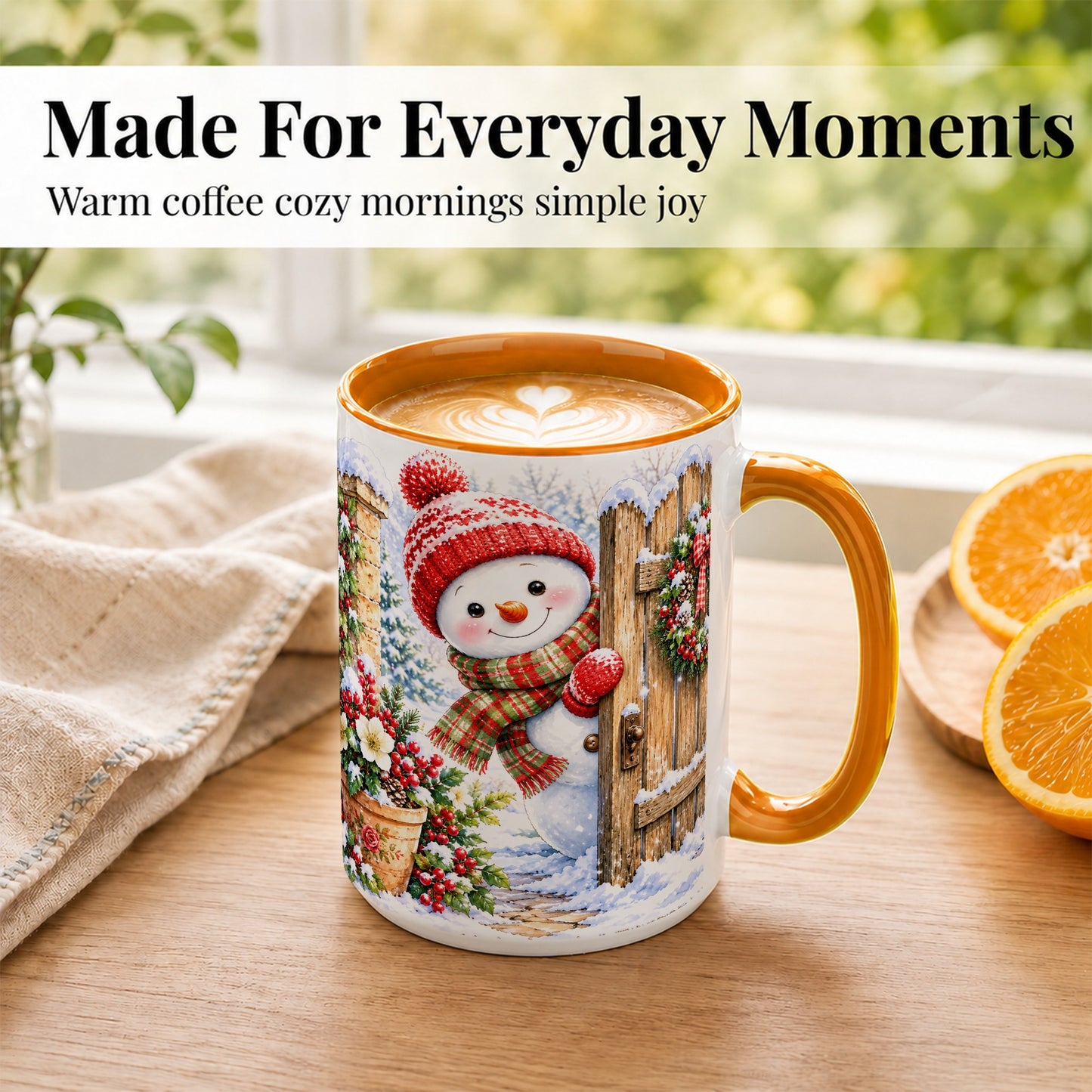 #pl[15oz|Orange] Snowman Christmas Coffee Mug, Winter Garden Mug, Ceramic Cup
