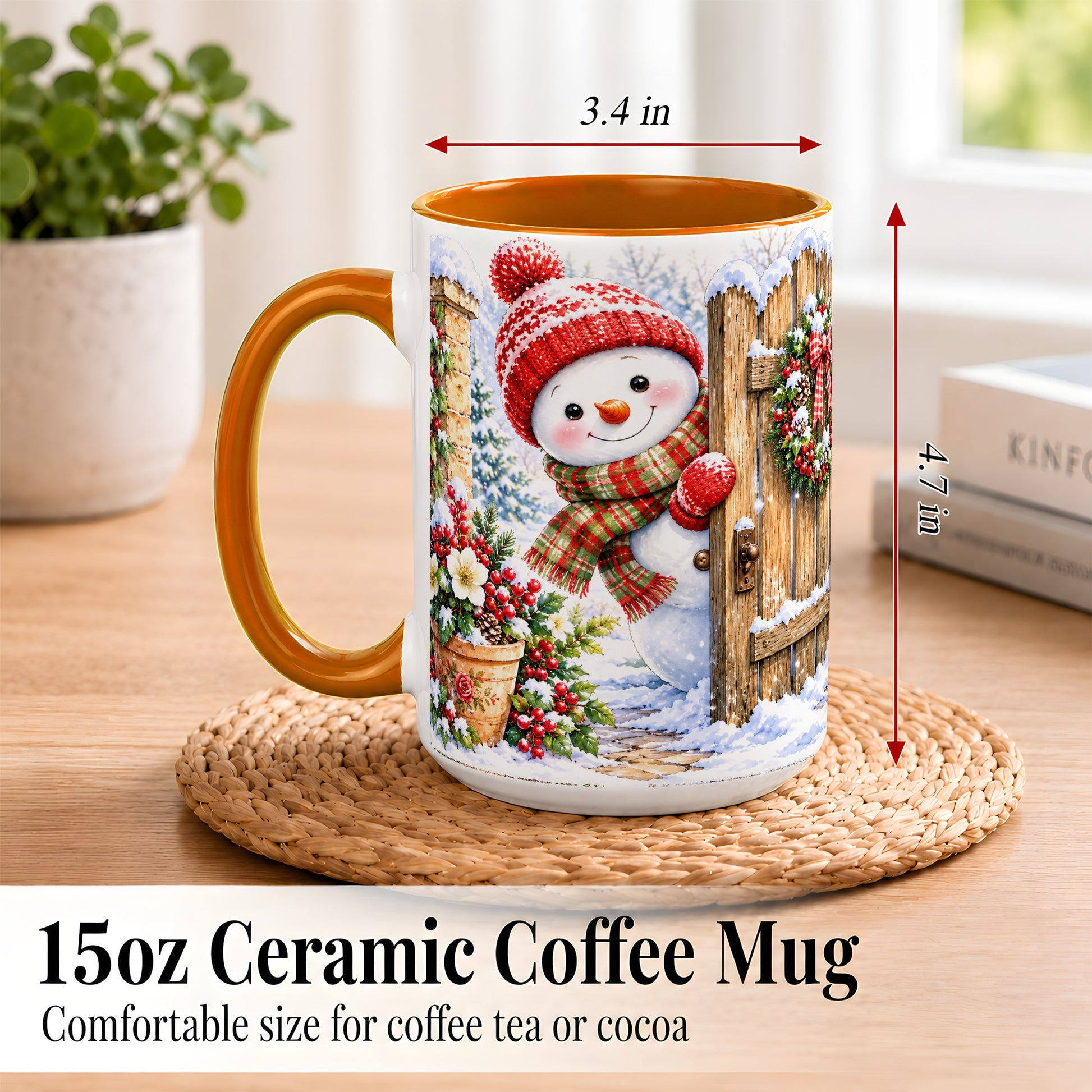 #pl[15oz|Orange] Snowman Christmas Coffee Mug, Winter Garden Mug, Ceramic Cup