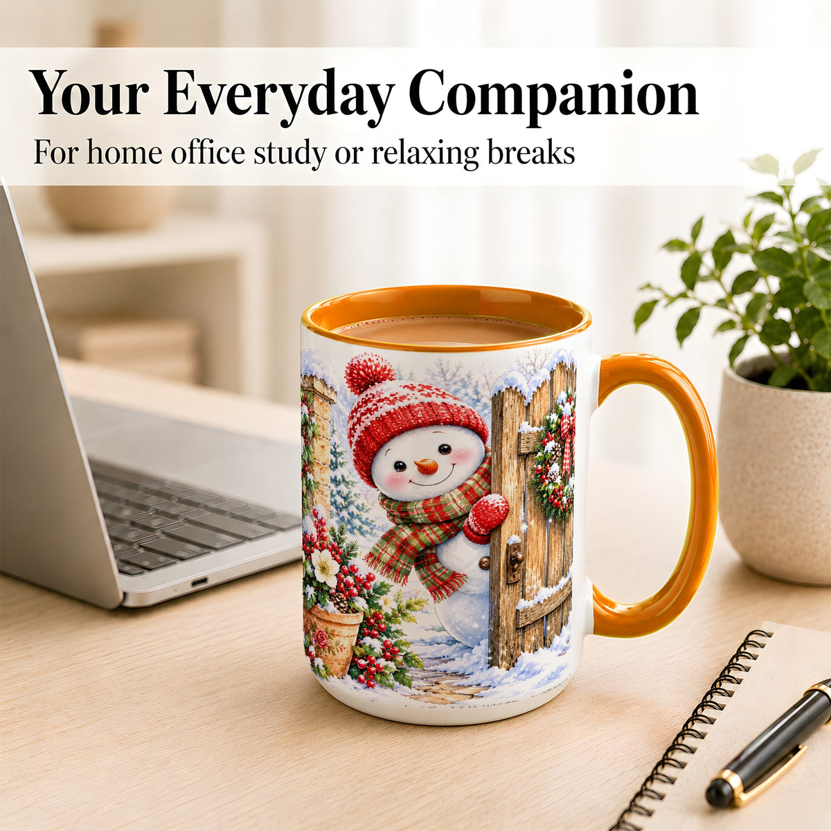 #pl[15oz|Orange] Snowman Christmas Coffee Mug, Winter Garden Mug, Ceramic Cup