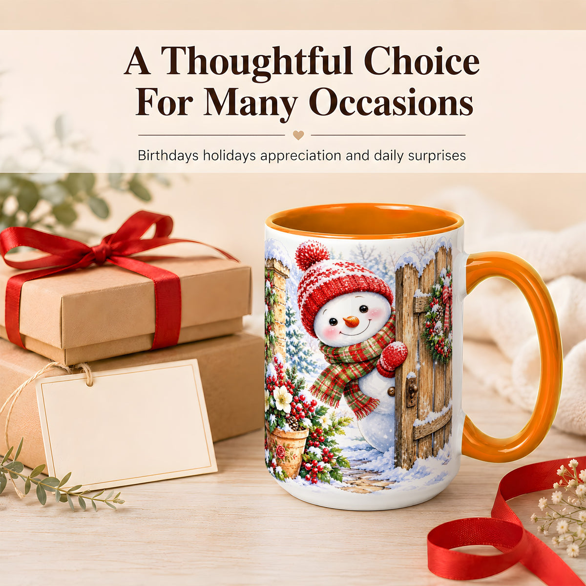 #pl[15oz|Orange] Snowman Christmas Coffee Mug, Winter Garden Mug, Ceramic Cup
