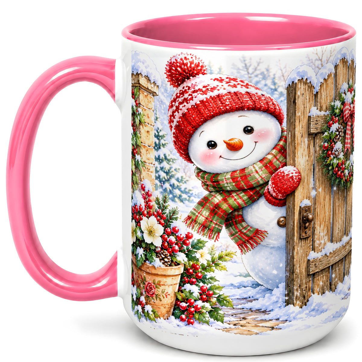 #pl[15oz|Pink] Snowman Christmas Coffee Mug, Winter Garden Mug, Ceramic Cup