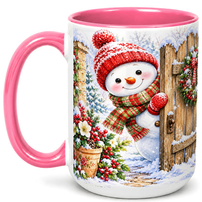 #pl[15oz|Pink] Snowman Christmas Coffee Mug, Winter Garden Mug, Ceramic Cup