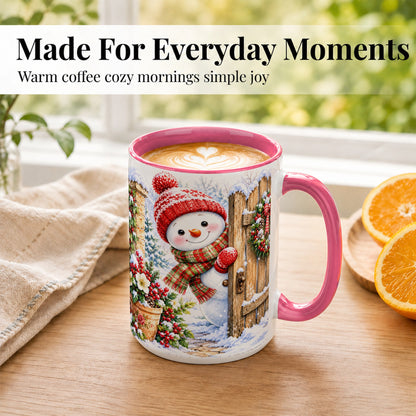 #pl[15oz|Pink] Snowman Christmas Coffee Mug, Winter Garden Mug, Ceramic Cup