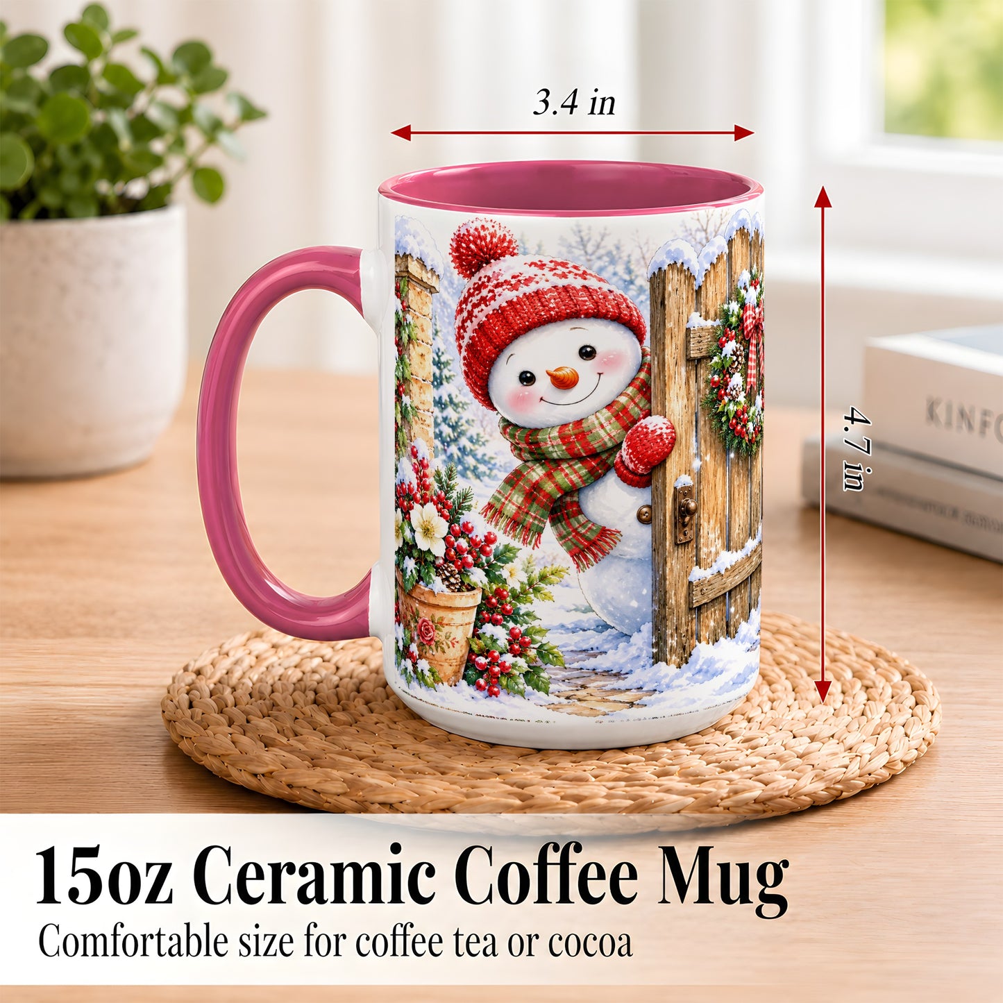 #pl[15oz|Pink] Snowman Christmas Coffee Mug, Winter Garden Mug, Ceramic Cup