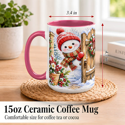 #pl[15oz|Pink] Snowman Christmas Coffee Mug, Winter Garden Mug, Ceramic Cup