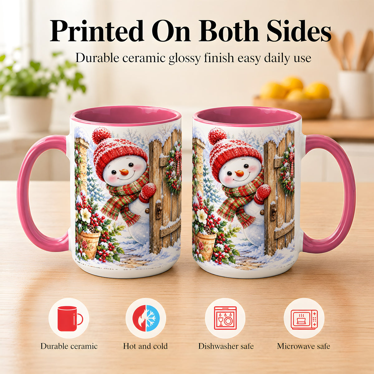 #pl[15oz|Pink] Snowman Christmas Coffee Mug, Winter Garden Mug, Ceramic Cup