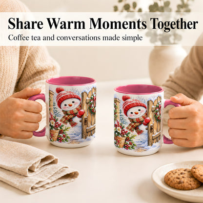 #pl[15oz|Pink] Snowman Christmas Coffee Mug, Winter Garden Mug, Ceramic Cup