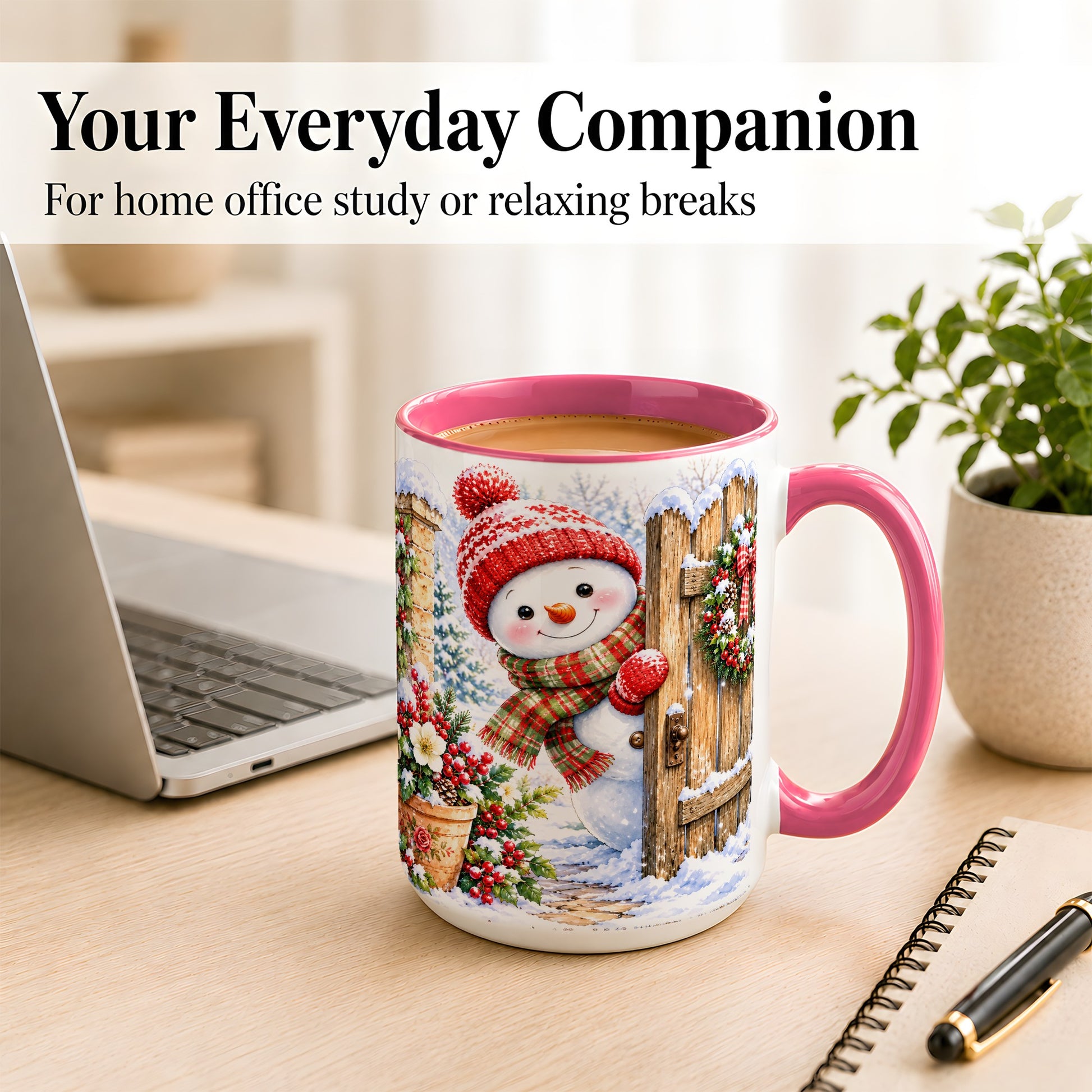 #pl[15oz|Pink] Snowman Christmas Coffee Mug, Winter Garden Mug, Ceramic Cup