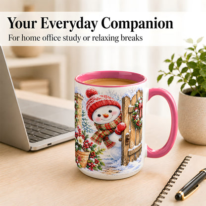 #pl[15oz|Pink] Snowman Christmas Coffee Mug, Winter Garden Mug, Ceramic Cup