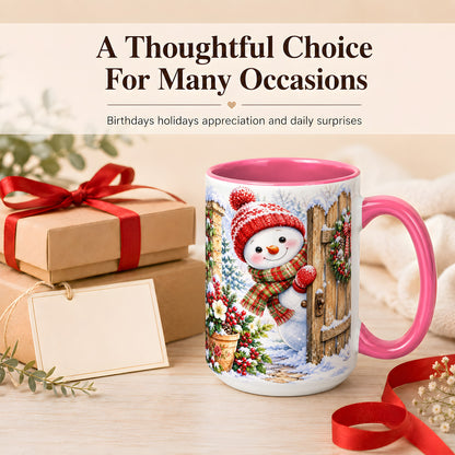 #pl[15oz|Pink] Snowman Christmas Coffee Mug, Winter Garden Mug, Ceramic Cup