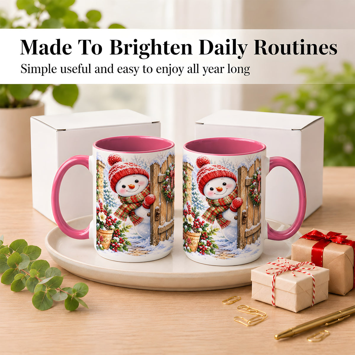 #pl[15oz|Pink] Snowman Christmas Coffee Mug, Winter Garden Mug, Ceramic Cup
