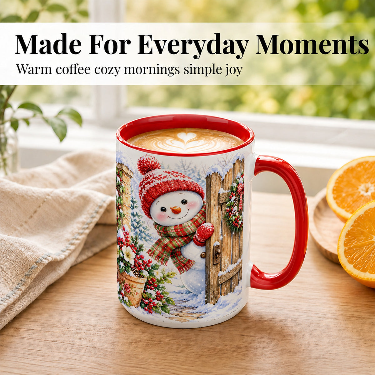 #pl[15oz|Red] Snowman Christmas Coffee Mug, Winter Garden Mug, Ceramic Cup
