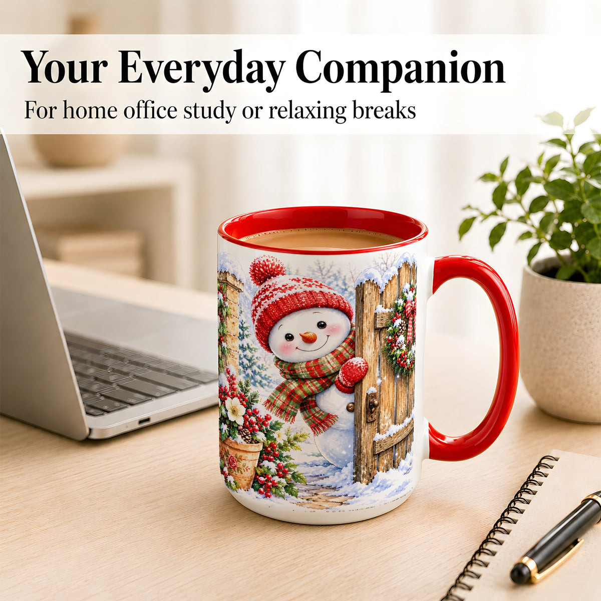 #pl[15oz|Red] Snowman Christmas Coffee Mug, Winter Garden Mug, Ceramic Cup