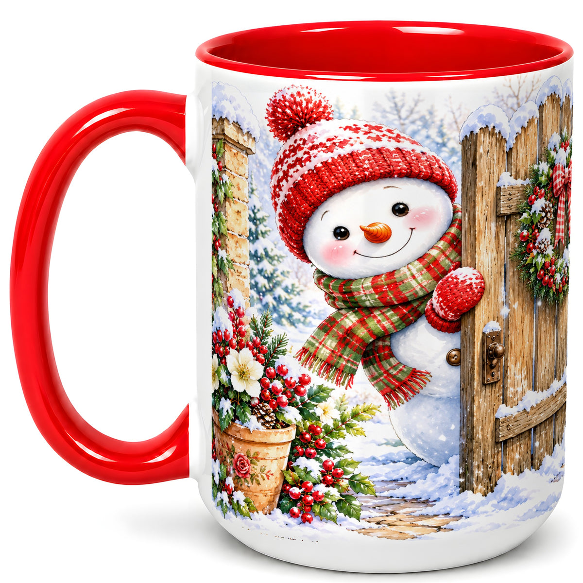 #pl[15oz|Red] Snowman Christmas Coffee Mug, Winter Garden Mug, Ceramic Cup