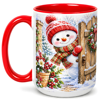 #pl[15oz|Red] Snowman Christmas Coffee Mug, Winter Garden Mug, Ceramic Cup