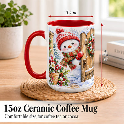#pl[15oz|Red] Snowman Christmas Coffee Mug, Winter Garden Mug, Ceramic Cup