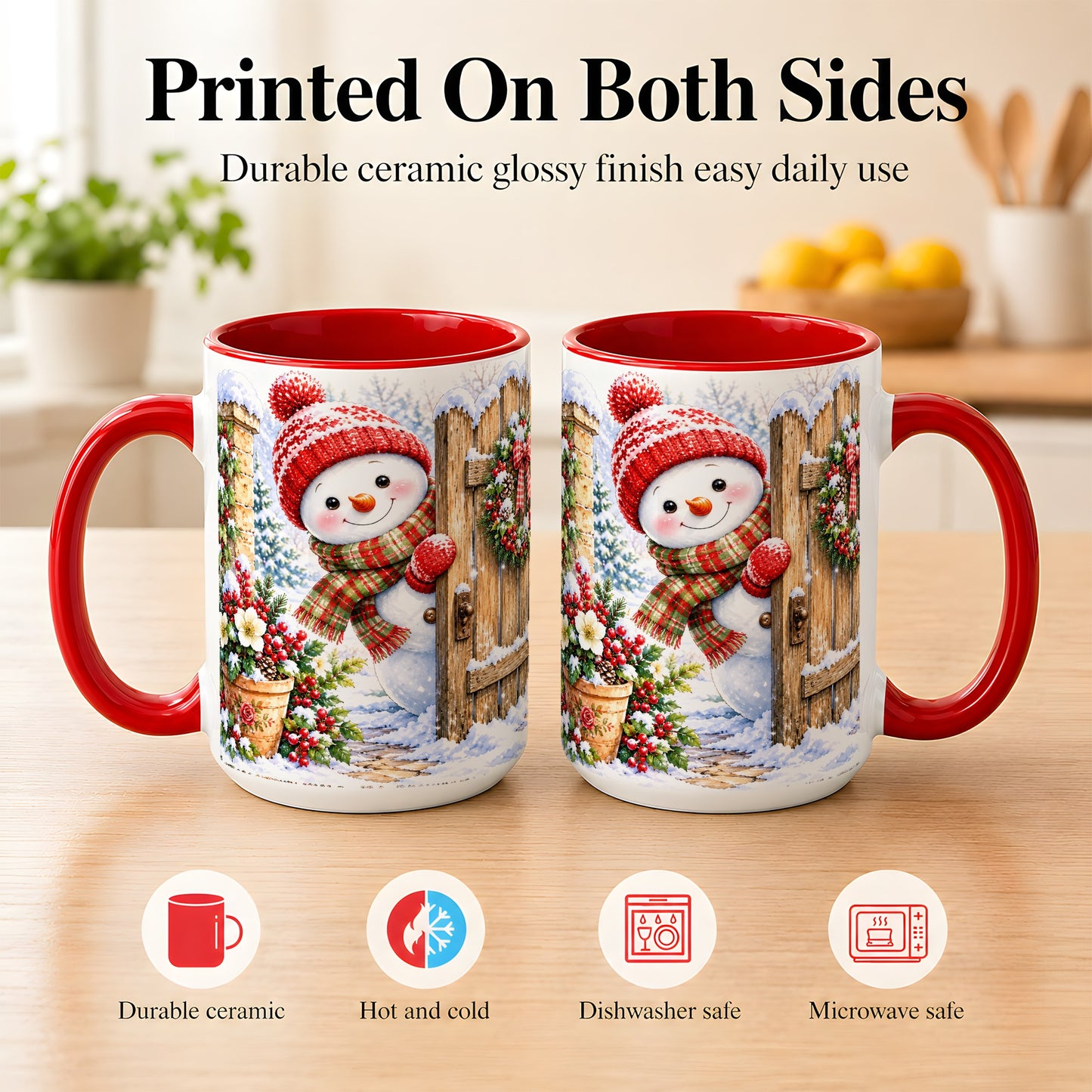 #pl[15oz|Red] Snowman Christmas Coffee Mug, Winter Garden Mug, Ceramic Cup