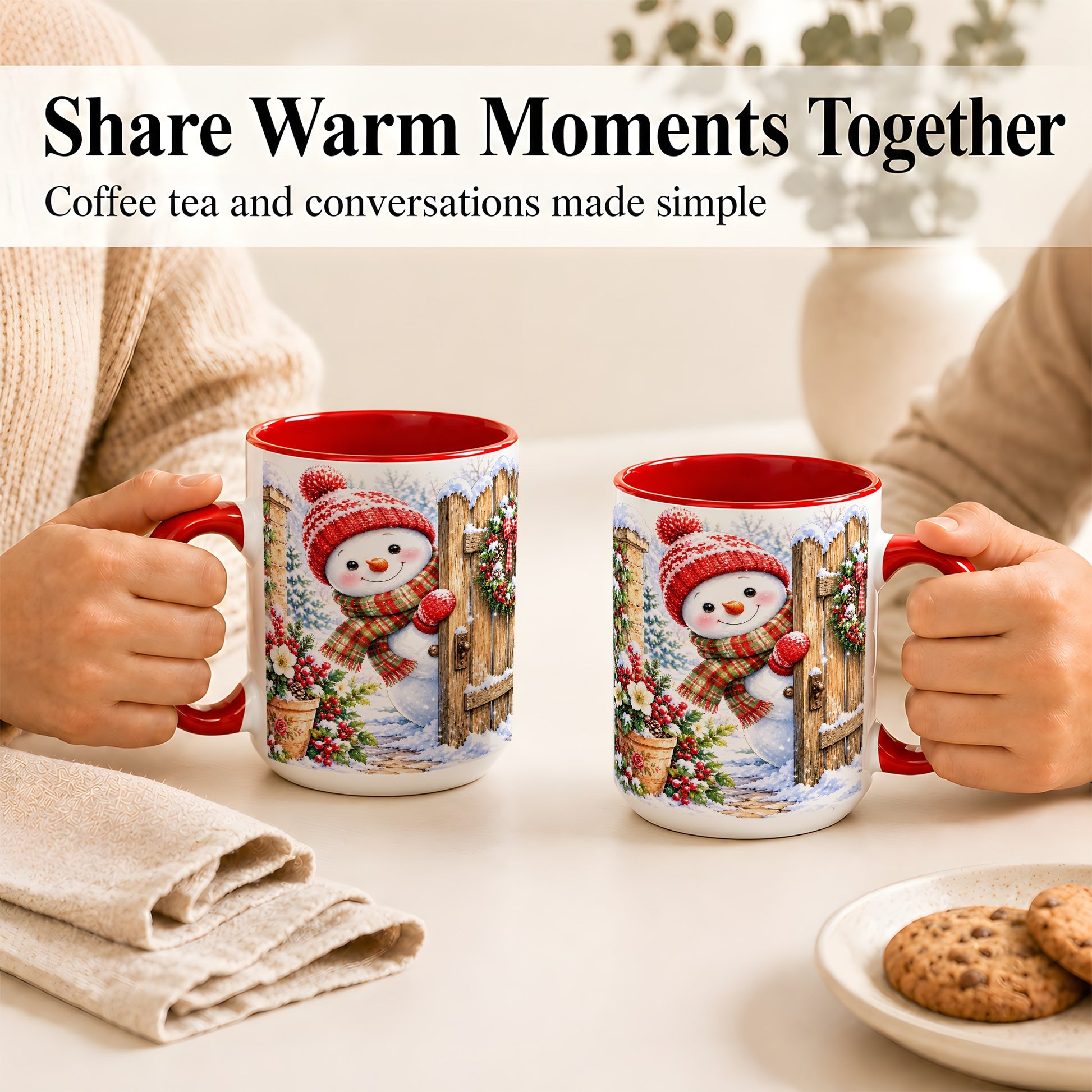#pl[15oz|Red] Snowman Christmas Coffee Mug, Winter Garden Mug, Ceramic Cup