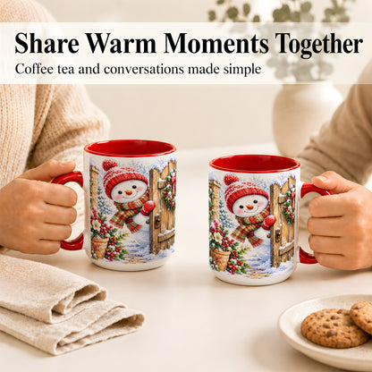#pl[15oz|Red] Snowman Christmas Coffee Mug, Winter Garden Mug, Ceramic Cup