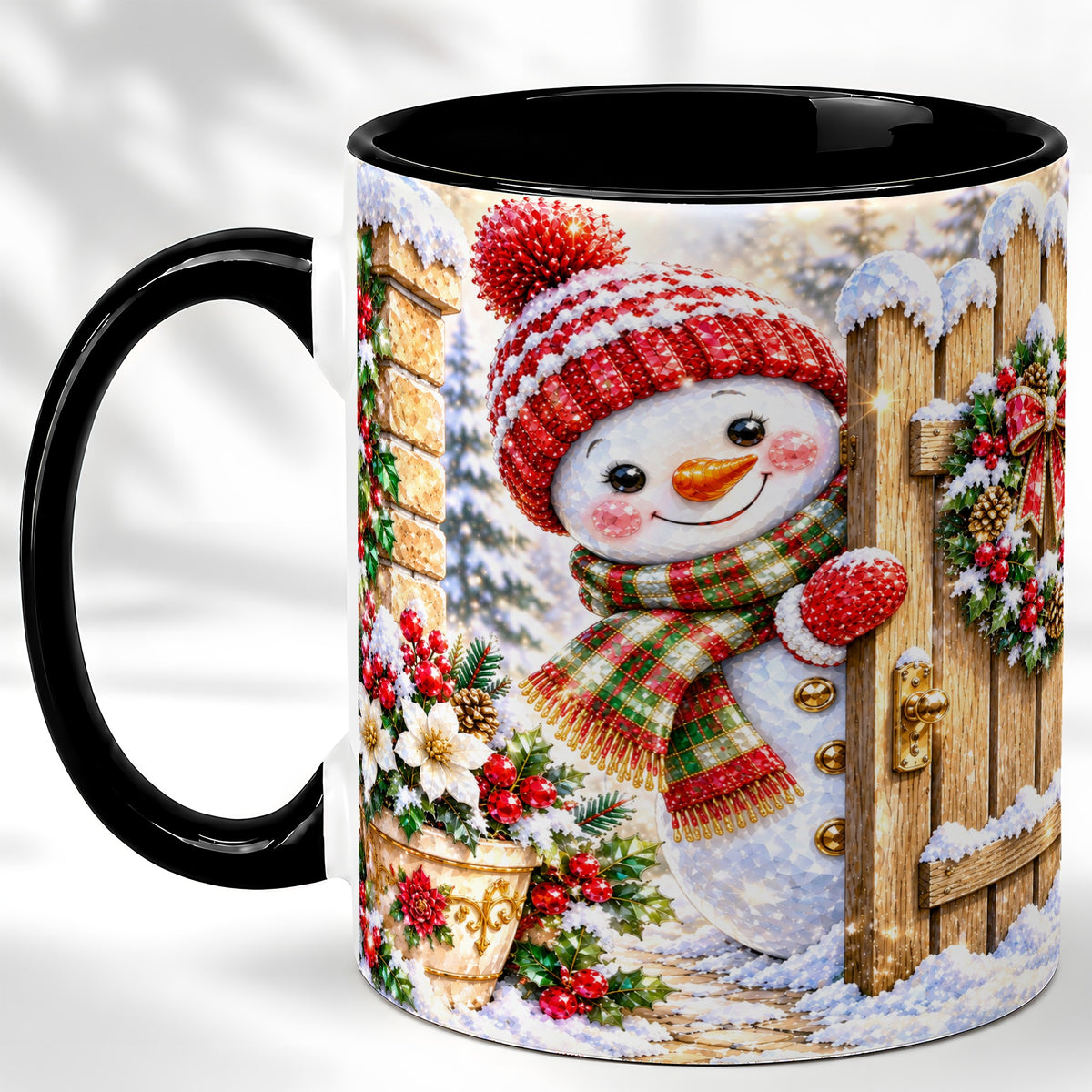 #pl[11oz|Black] Jeweled Snowman Coffee Mug, Christmas Garden Mug, Ceramic Cup