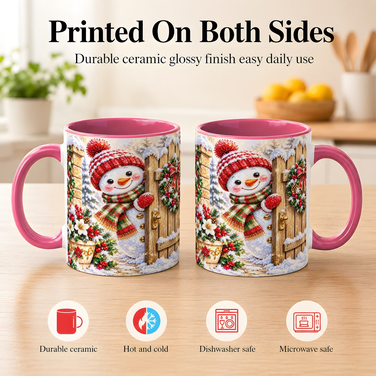 #pl[11oz|Pink] Jeweled Snowman Coffee Mug, Christmas Garden Mug, Ceramic Cup
