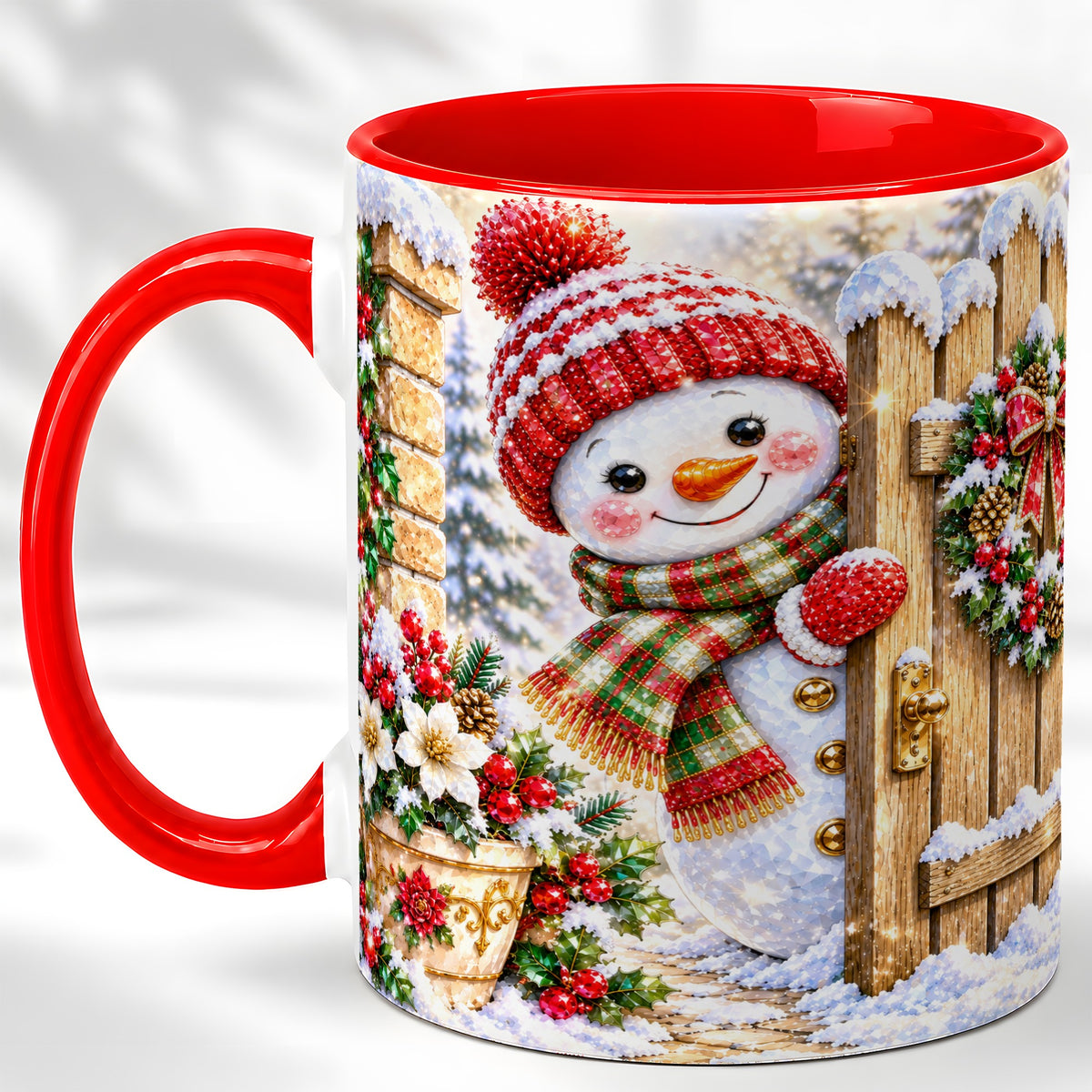 Jeweled Snowman Coffee Mug, Christmas Garden Mug, Ceramic Cup