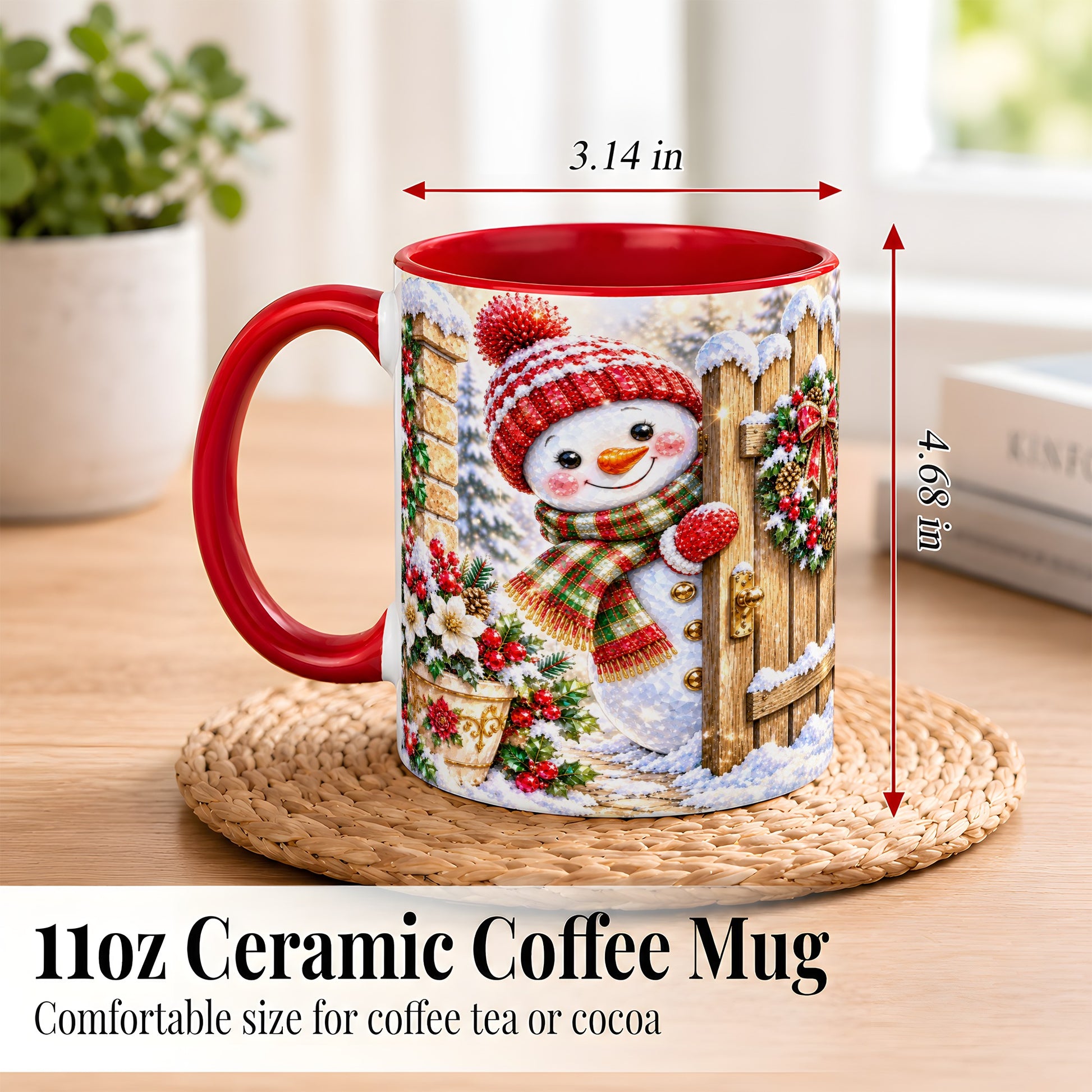 #pl[11oz|Red] Jeweled Snowman Coffee Mug, Christmas Garden Mug, Ceramic Cup