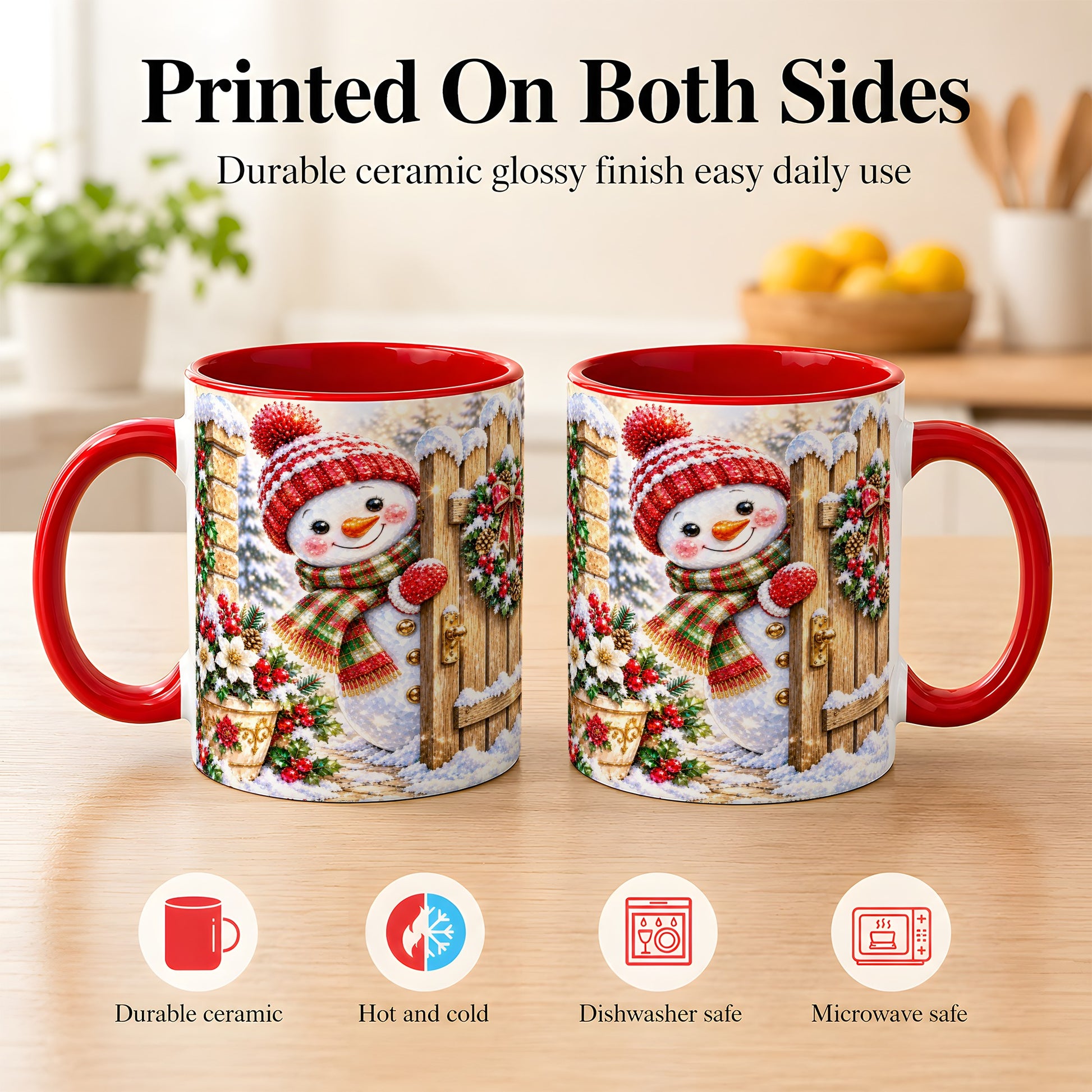 #pl[11oz|Red] Jeweled Snowman Coffee Mug, Christmas Garden Mug, Ceramic Cup