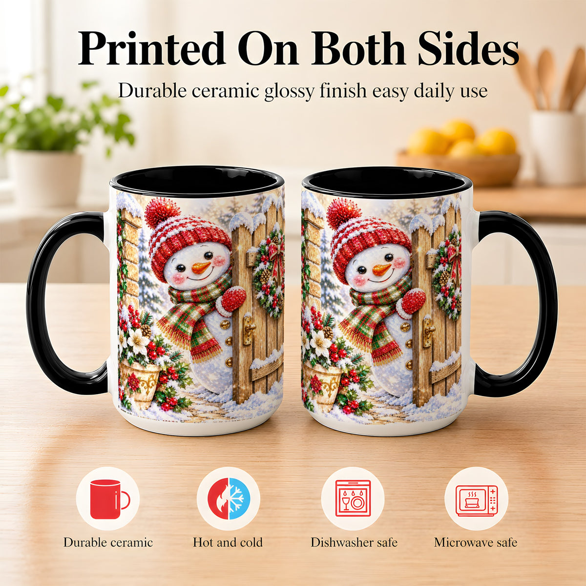 #pl[15oz|Black] Jeweled Snowman Coffee Mug, Christmas Garden Mug, Ceramic Cup