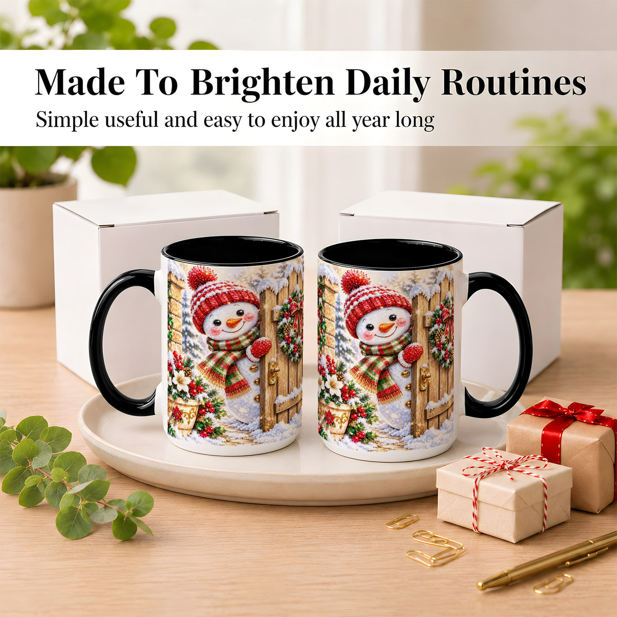 #pl[15oz|Black] Jeweled Snowman Coffee Mug, Christmas Garden Mug, Ceramic Cup