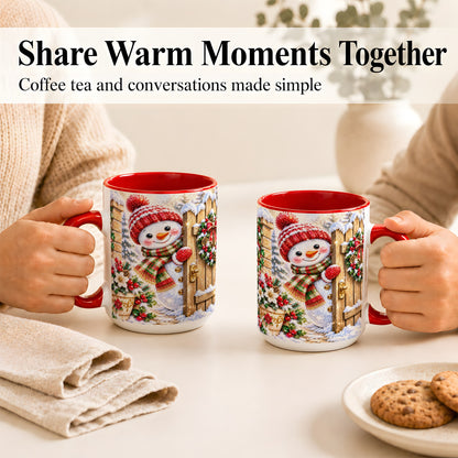 #pl[15oz|Red] Jeweled Snowman Coffee Mug, Christmas Garden Mug, Ceramic Cup