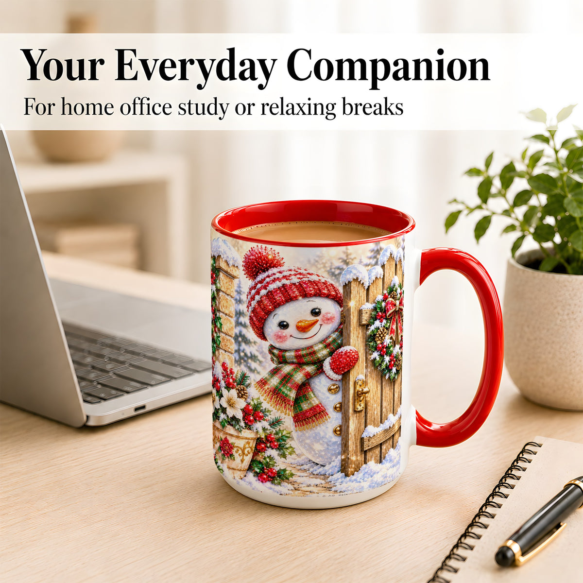 #pl[15oz|Red] Jeweled Snowman Coffee Mug, Christmas Garden Mug, Ceramic Cup
