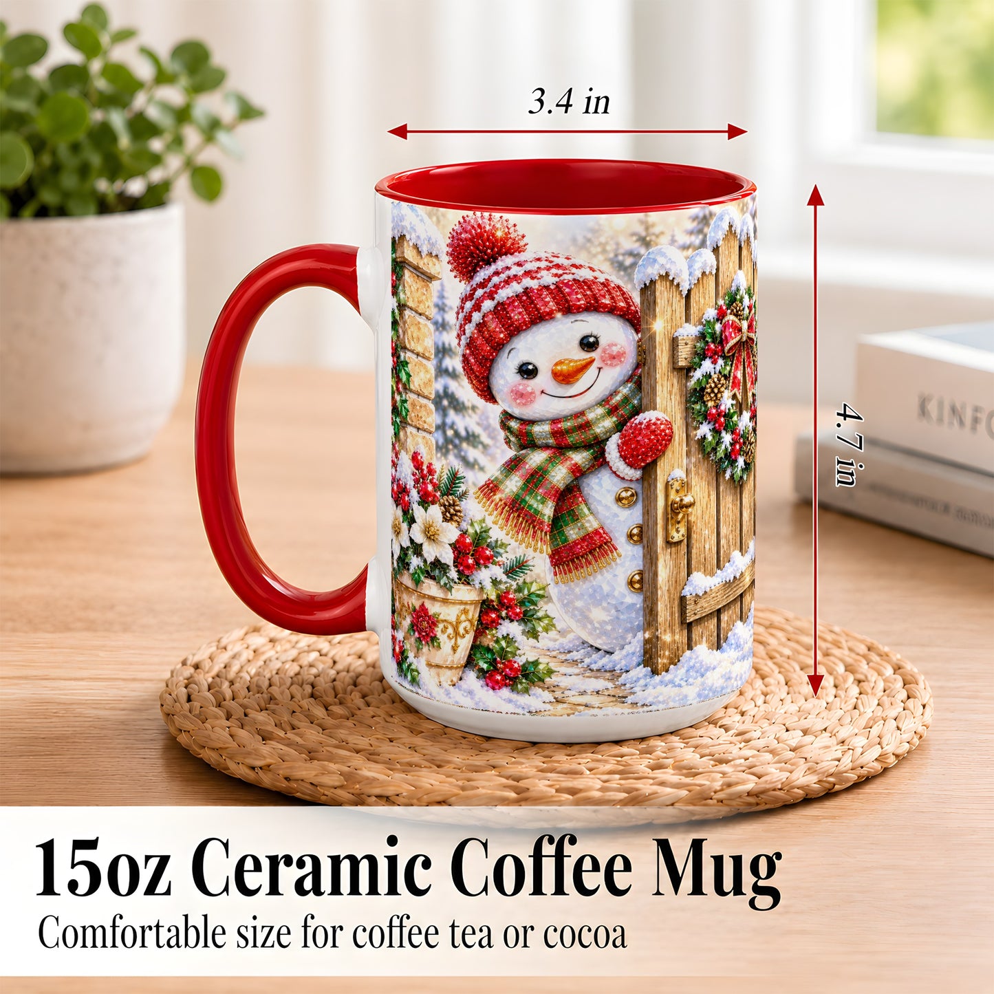 #pl[15oz|Red] Jeweled Snowman Coffee Mug, Christmas Garden Mug, Ceramic Cup