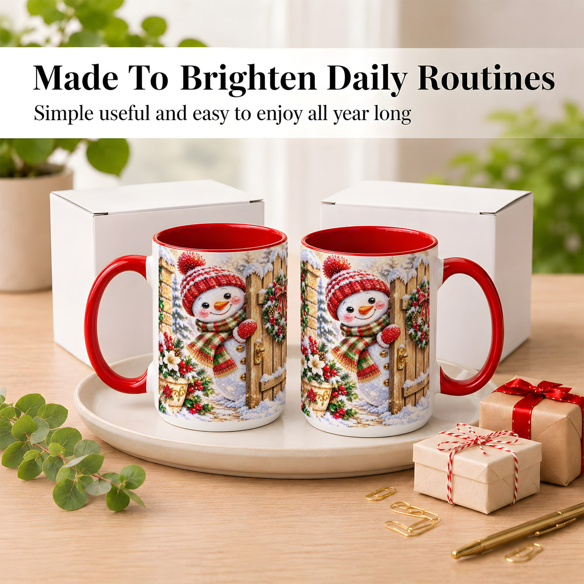 #pl[15oz|Red] Jeweled Snowman Coffee Mug, Christmas Garden Mug, Ceramic Cup