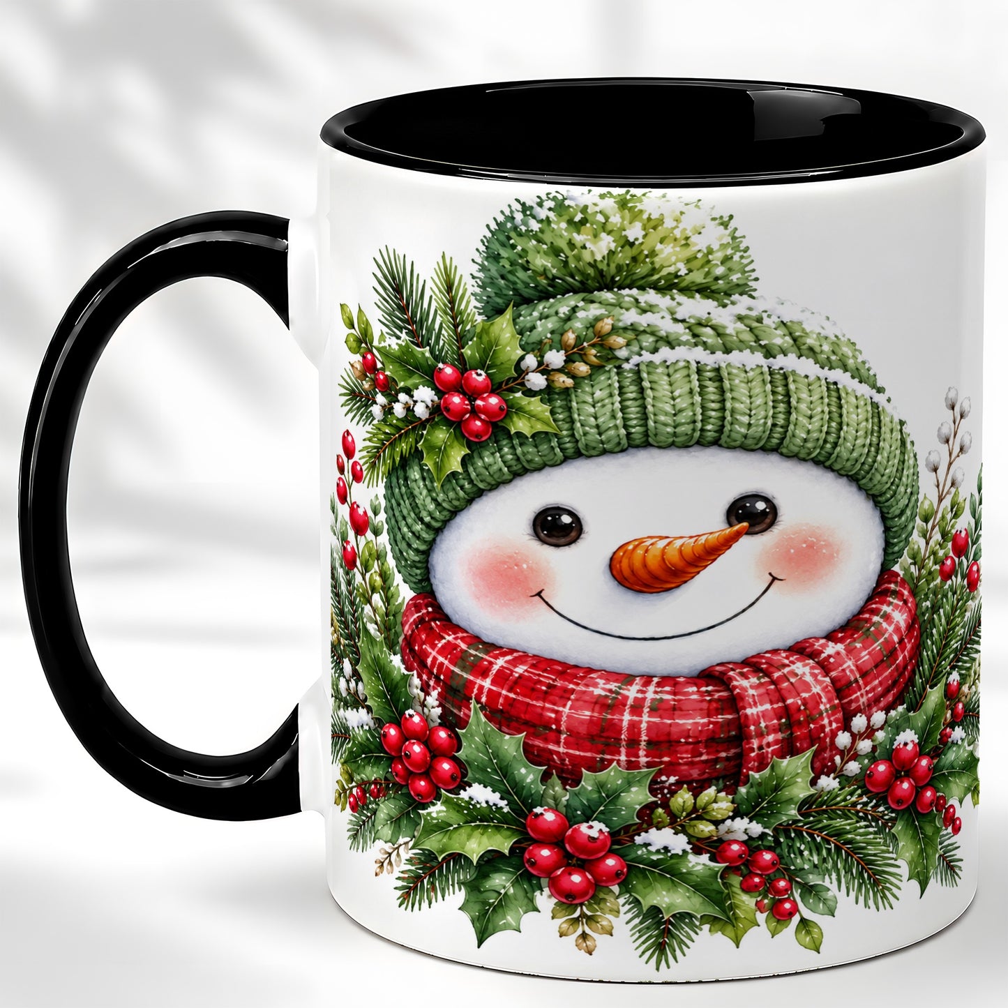 #pl[11oz|Black] Christmas Snowman Coffee Mug, Holly Berry Mug, Ceramic Cup