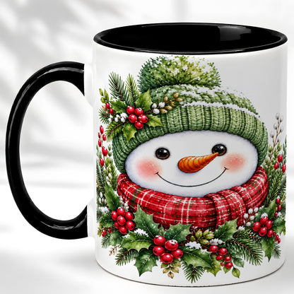 #pl[11oz|Black] Christmas Snowman Coffee Mug, Holly Berry Mug, Ceramic Cup