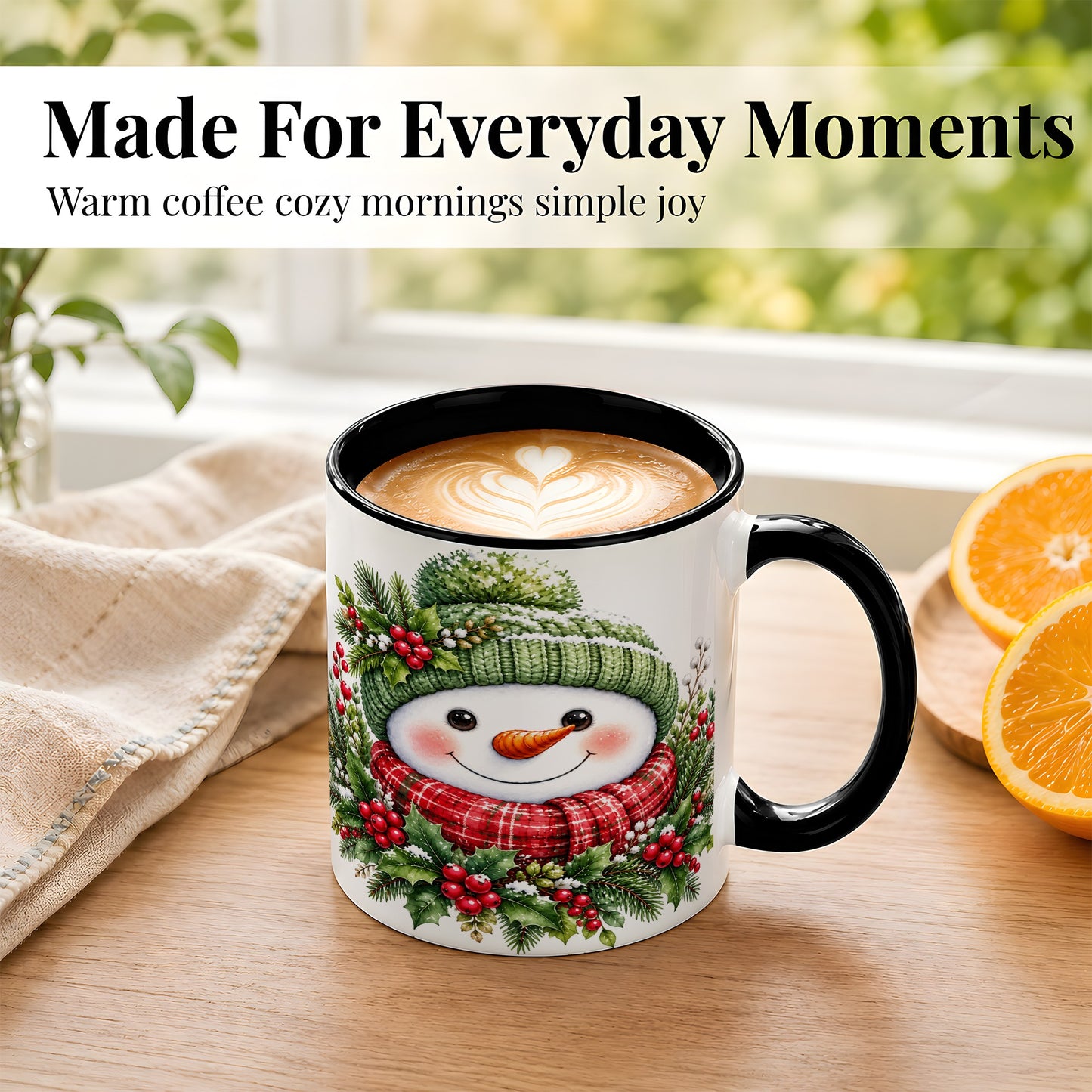 #pl[11oz|Black] Christmas Snowman Coffee Mug, Holly Berry Mug, Ceramic Cup