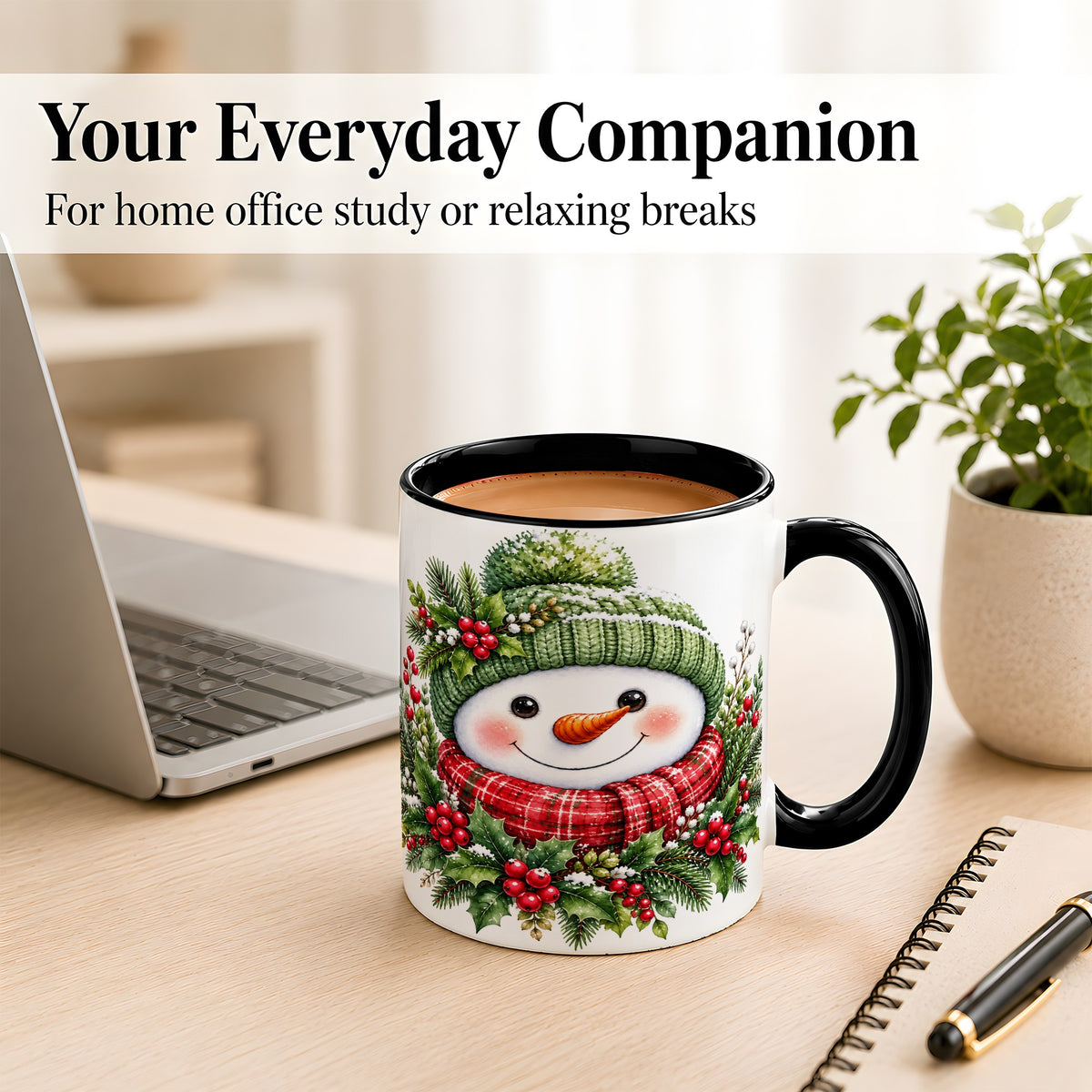 #pl[11oz|Black] Christmas Snowman Coffee Mug, Holly Berry Mug, Ceramic Cup