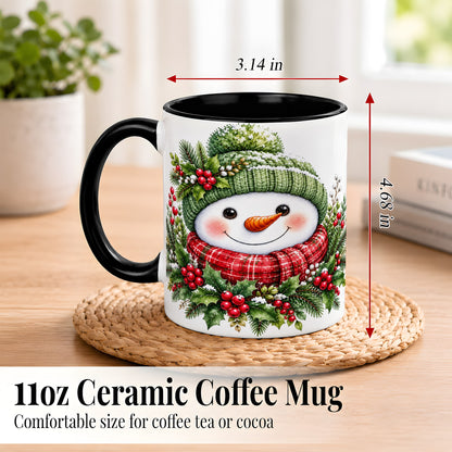 #pl[11oz|Black] Christmas Snowman Coffee Mug, Holly Berry Mug, Ceramic Cup