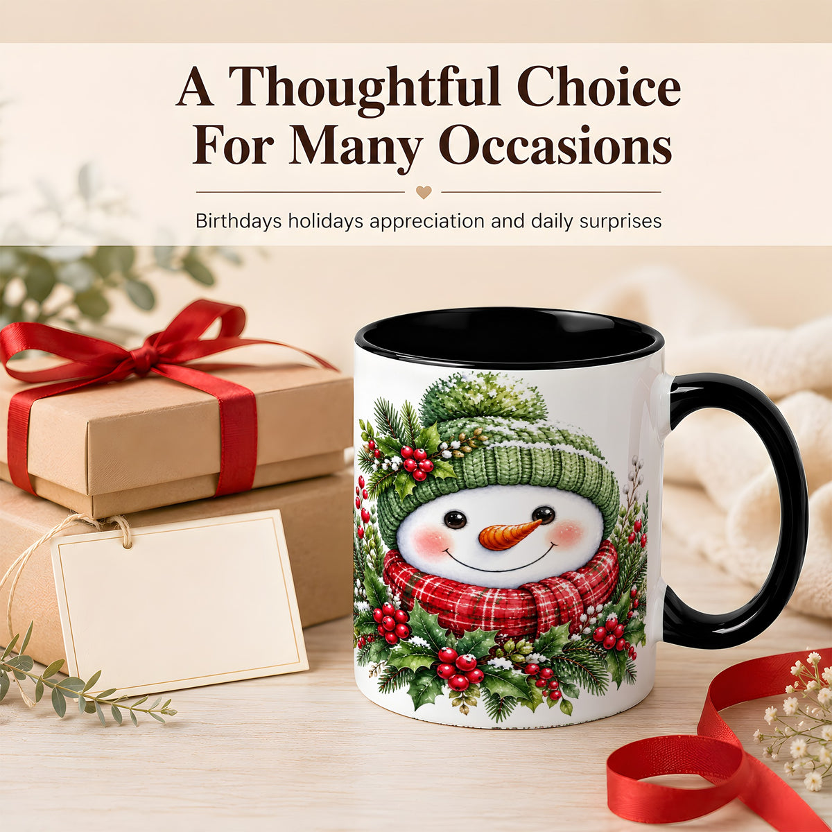 #pl[11oz|Black] Christmas Snowman Coffee Mug, Holly Berry Mug, Ceramic Cup