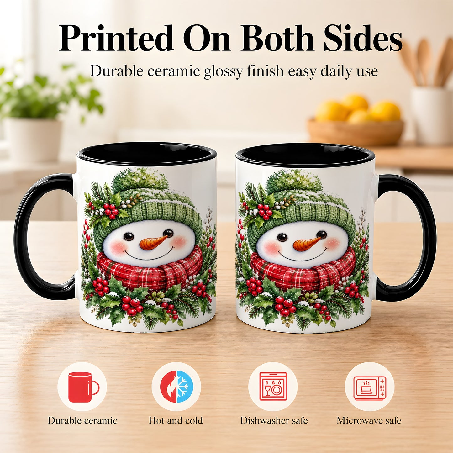 #pl[11oz|Black] Christmas Snowman Coffee Mug, Holly Berry Mug, Ceramic Cup