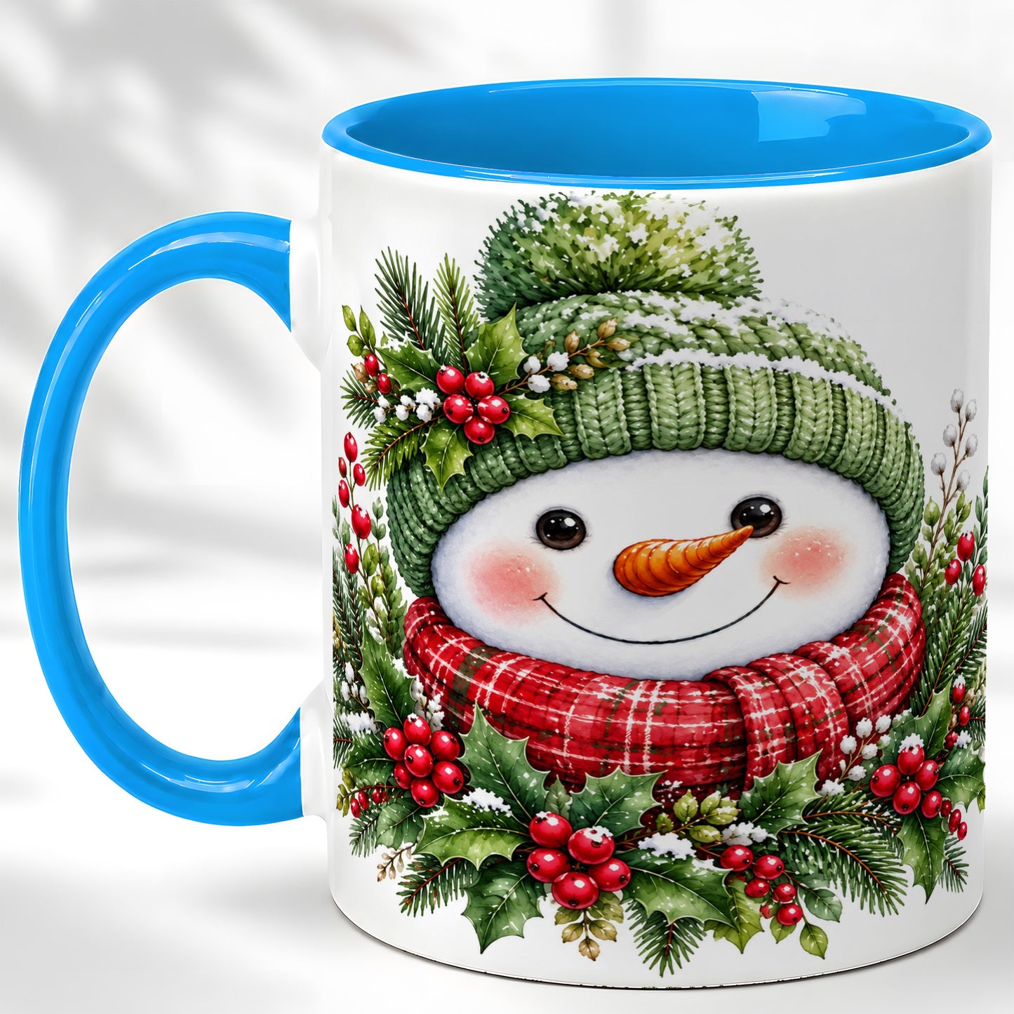 #pl[11oz|Blue] Christmas Snowman Coffee Mug, Holly Berry Mug, Ceramic Cup