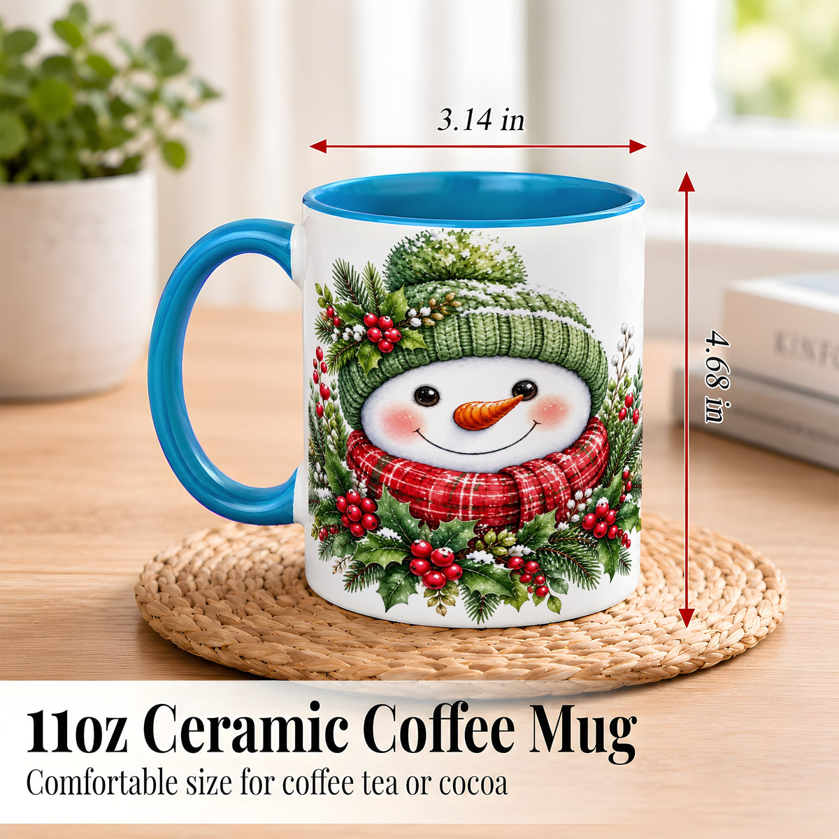 #pl[11oz|Blue] Christmas Snowman Coffee Mug, Holly Berry Mug, Ceramic Cup