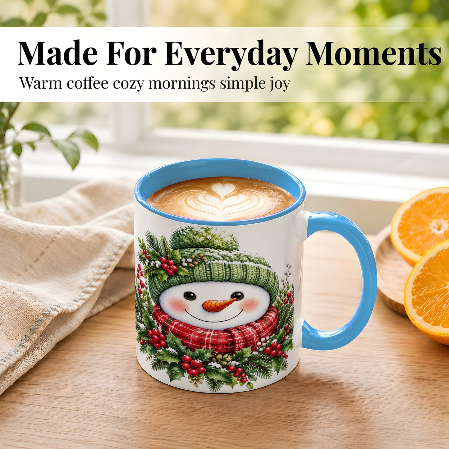 #pl[11oz|Blue] Christmas Snowman Coffee Mug, Holly Berry Mug, Ceramic Cup
